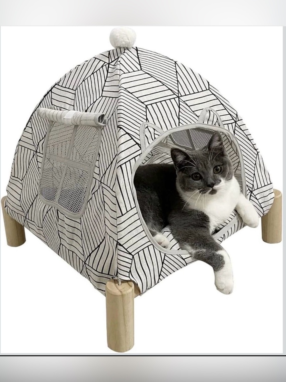 Pozico 2-in-1 Cat Bed Tent with Wooden Frame - Cat Teepee & Hammock, Portable In